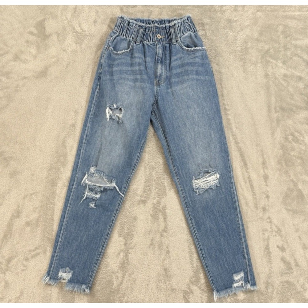 KanCan Jeans Juniors 1/24 Mom Angel Ultra High Rise Relaxed Paperbag Grunge Blue